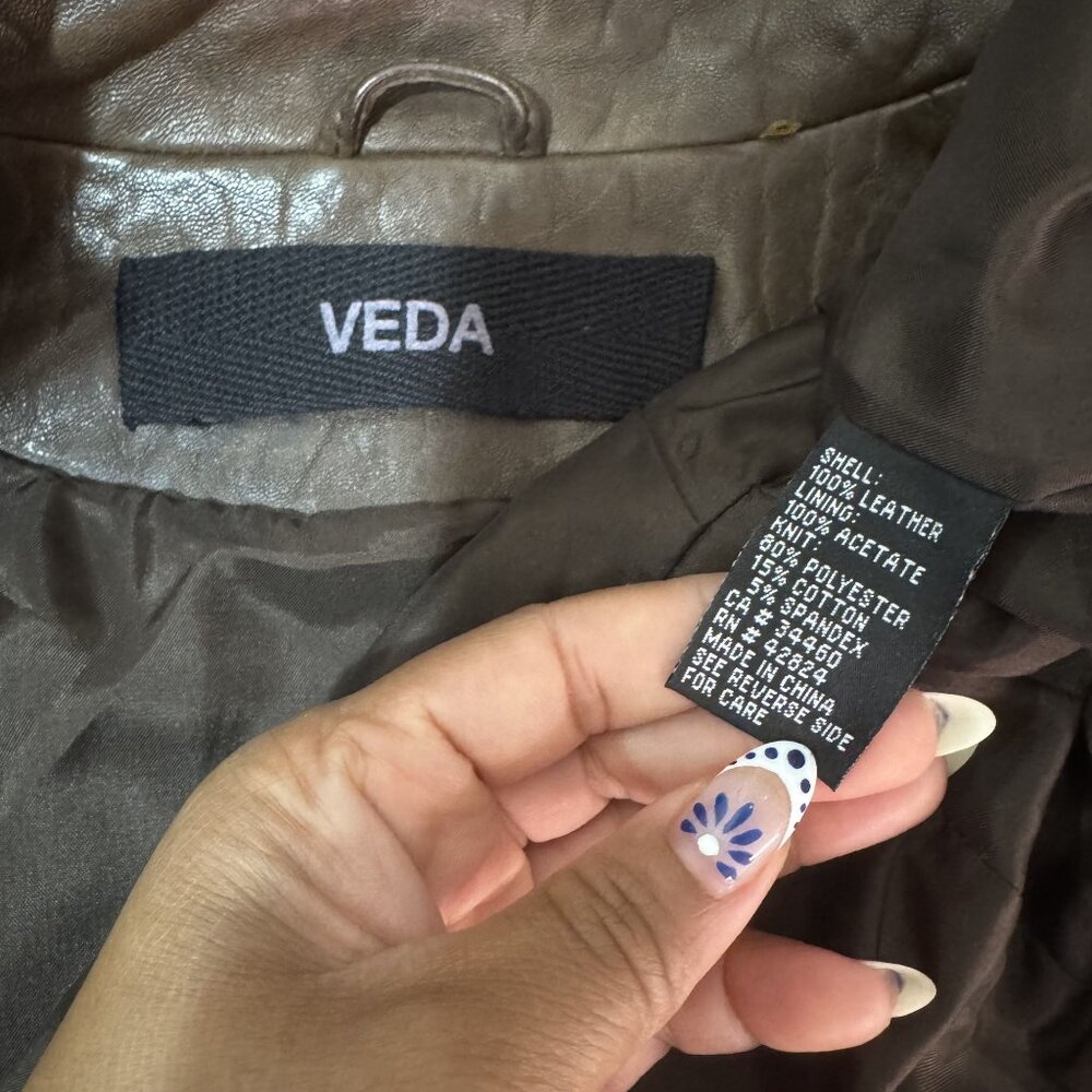VEDA Brown Leather Moto Jacket Cropped Zip Front Stretch Panel Women’s XS - Picture 8 of 9